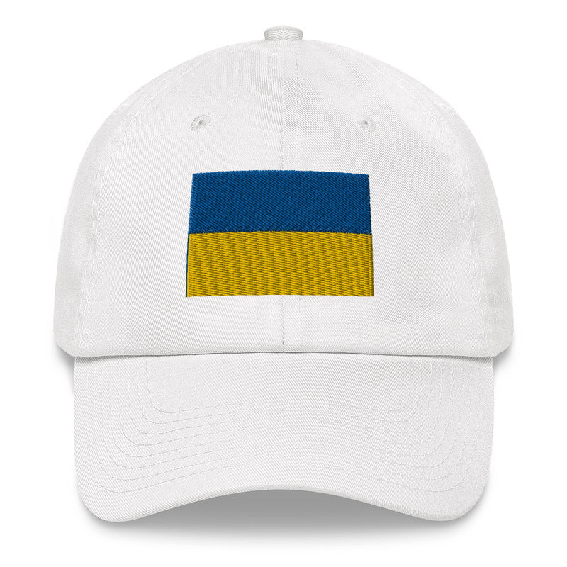 A white Ukrainian Flag Hat with the logo on the front.  The hat has a curved visor and an adjustable strap at the back.
