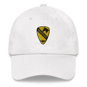 A white 1st Air Cavalry Brigade Hat with the logo on the front.  The hat has a curved visor and an adjustable strap at the back.