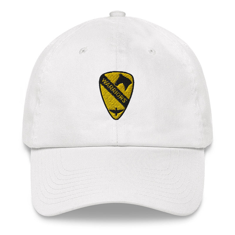 A white 1st Air Cavalry Brigade Hat with the logo on the front.  The hat has a curved visor and an adjustable strap at the back.