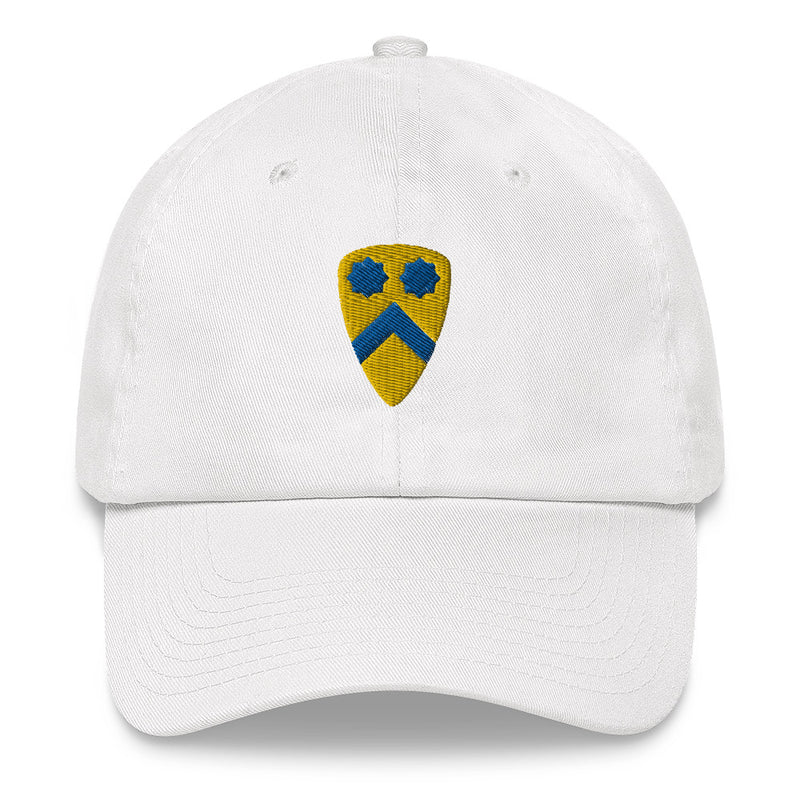 A white 2nd Cavalry Division Hat with the logo on the front.  The hat has a curved visor and an adjustable strap at the back.