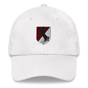 A white 11th Armored Cavalry Regiment Hat with the logo on the front.  The hat has a curved visor and an adjustable strap at the back.