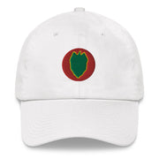 A white 24th Infantry Division Hat with the logo on the front.  The hat has a curved visor and an adjustable strap at the back.