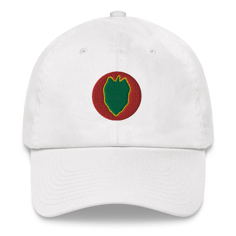 A white 24th Infantry Division Hat with the logo on the front.  The hat has a curved visor and an adjustable strap at the back.