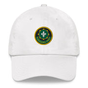 A white 2nd-cavalry-regiment Hat with the logo on the front.  The hat has a curved visor and an adjustable strap at the back.