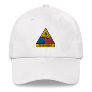 A white 3rd Armored Division Hat with the logo on the front.  The hat has a curved visor and an adjustable strap at the back.