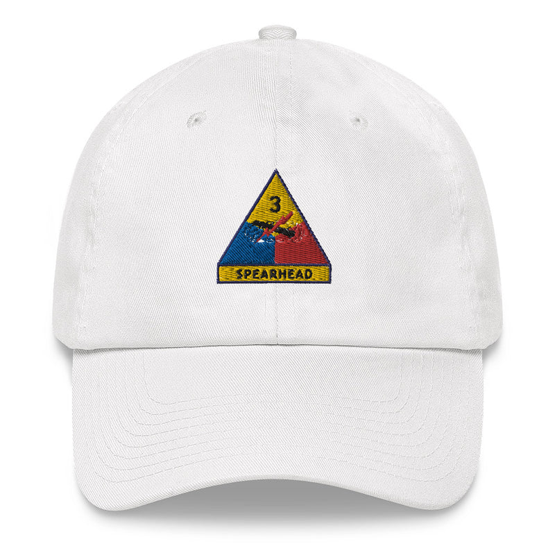 A white 3rd Armored Division Hat with the logo on the front.  The hat has a curved visor and an adjustable strap at the back.