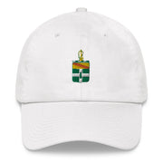 A white 3rd Cavalry Regiment Hat with the logo on the front.  The hat has a curved visor and an adjustable strap at the back.