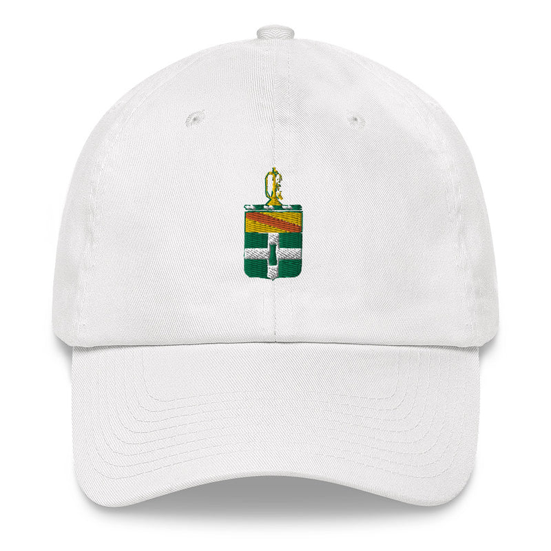 A white 3rd Cavalry Regiment Hat with the logo on the front.  The hat has a curved visor and an adjustable strap at the back.