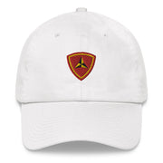 A white 3rd Marine Division Hat with the logo on the front.  The hat has a curved visor and an adjustable strap at the back.