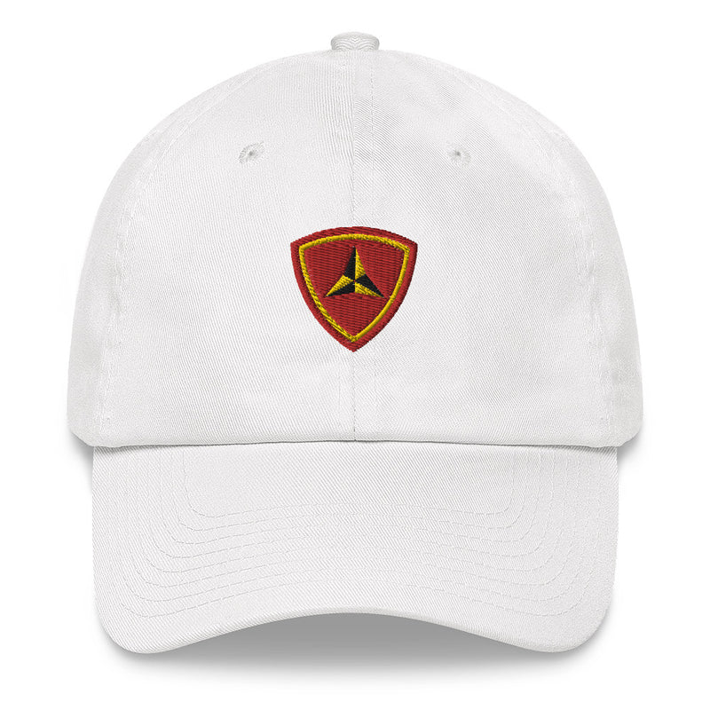 A white 3rd Marine Division Hat with the logo on the front.  The hat has a curved visor and an adjustable strap at the back.