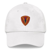 A white 5th Marine Division Hat with the logo on the front.  The hat has a curved visor and an adjustable strap at the back.
