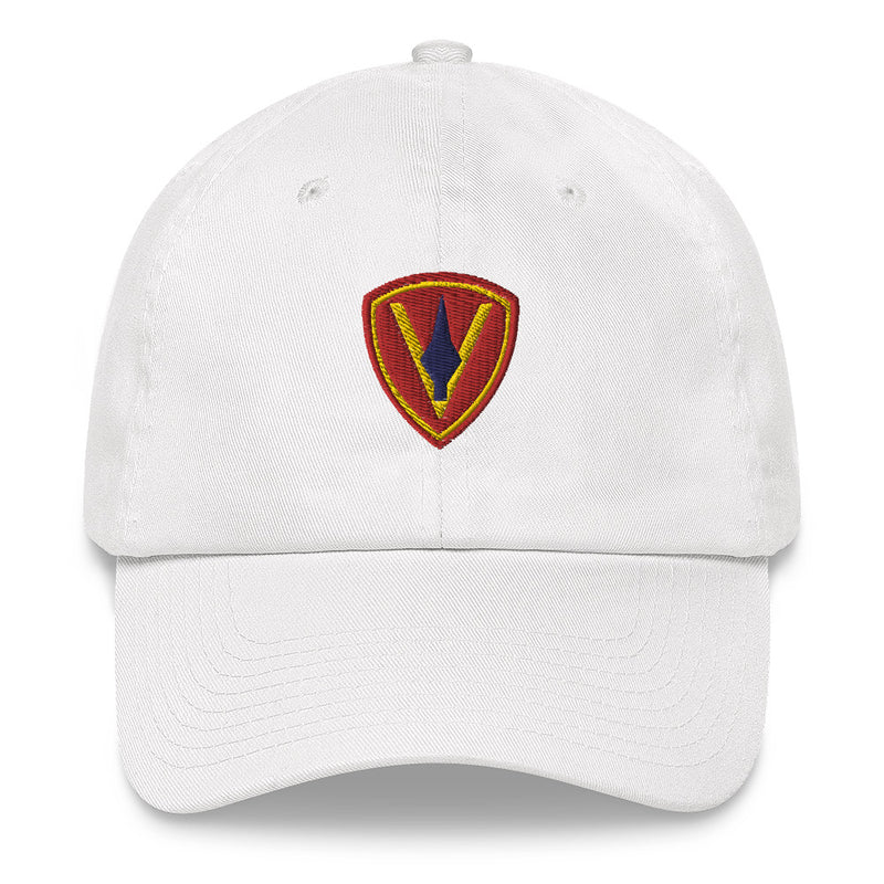 A white 5th Marine Division Hat with the logo on the front.  The hat has a curved visor and an adjustable strap at the back.