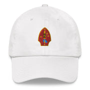 A white 2nd Marine Division Hat with the logo on the front.  The hat has a curved visor and an adjustable strap at the back.