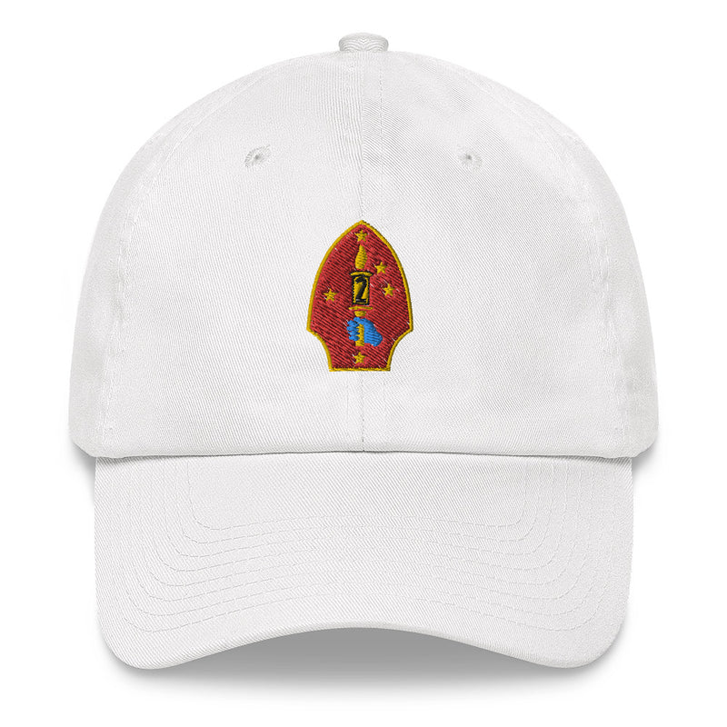 A white 2nd Marine Division Hat with the logo on the front.  The hat has a curved visor and an adjustable strap at the back.