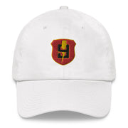 A white 9th Regiment Hat with the logo on the front.  The hat has a curved visor and an adjustable strap at the back.