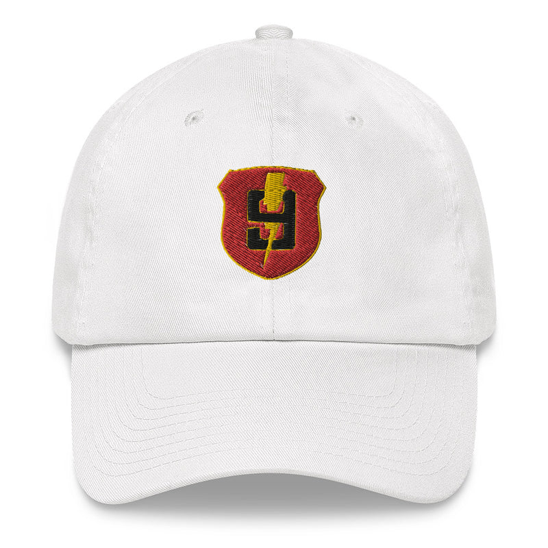 A white 9th Regiment Hat with the logo on the front.  The hat has a curved visor and an adjustable strap at the back.