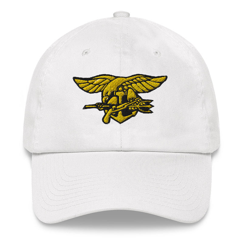 A white Navy Seals Hat with the logo on the front.  The hat has a curved visor and an adjustable strap at the back.