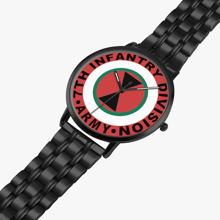 7th Infantry Division Watch is displayed in a perspective view on a white background with the black metal strap stretched out.