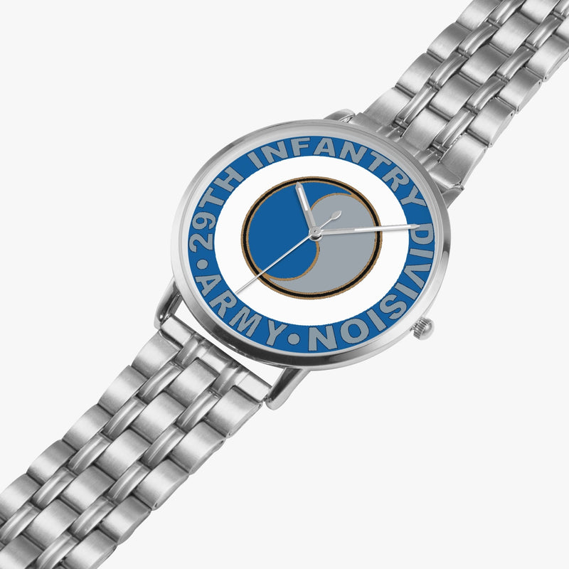 29th Infantry Division Silvertone Watch is displayed in a perspective view on a white background with the silver metal strap stretched out.