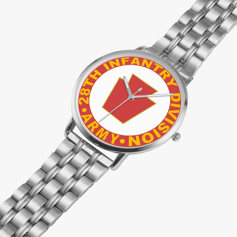 28th Infantry Division Silvertone Watch is displayed in a perspective view on a white background with the silver metal strap stretched out.