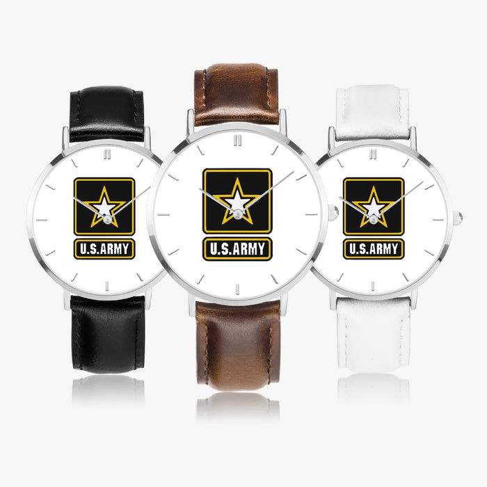 US Army-Ultra Thin Leather Strap Quartz Watch (Silver With Indicators)