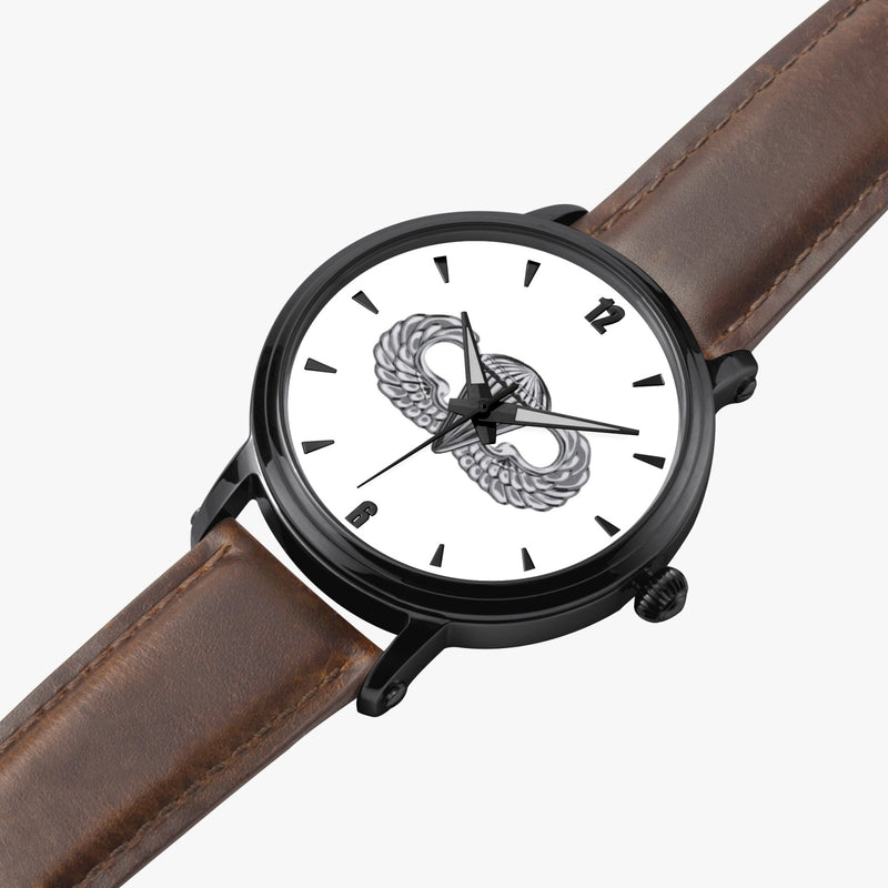 Basic Parachutist-46mm Automatic Watch is displayed in a perspective view on a white background with a brown leather band
