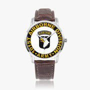 101st Airborne Division-Wide Type Silver Watch with a Brown Leather Band
