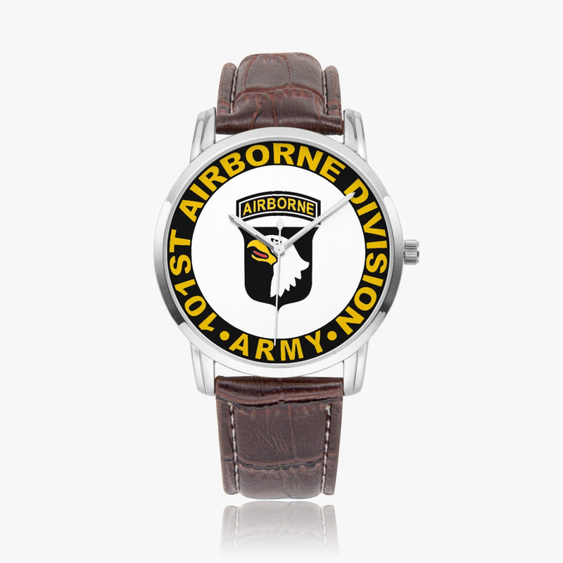 101st Airborne Division-Wide Type Silver Watch with a Brown Leather Band