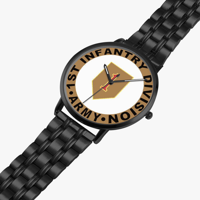 1st Infantry Division Watch is displayed in a perspective view on a white background with the black metal strap stretched out.