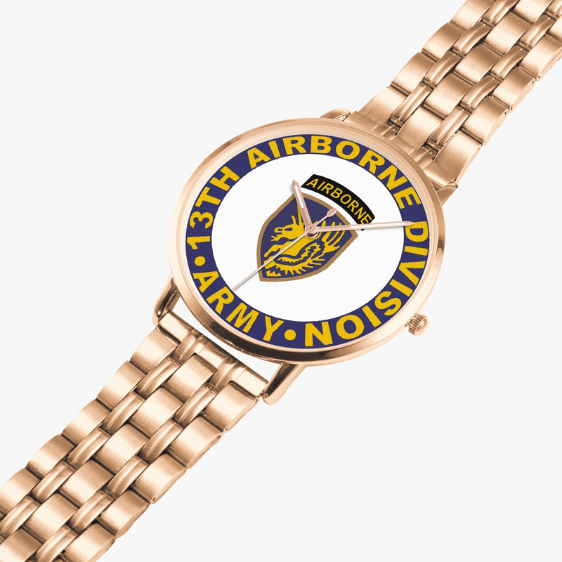 13th Airborne Division Goldtone Watch is displayed in a perspective view on a white background with the gold metal strap stretched out.