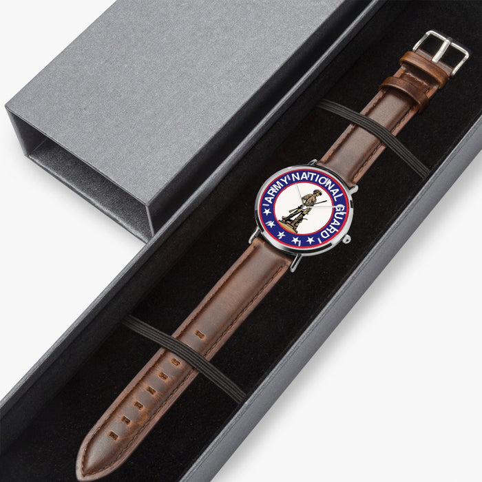 US Army National Guard-Ultra Thin Leather Strap Quartz Watch (Silver With Indicators)
