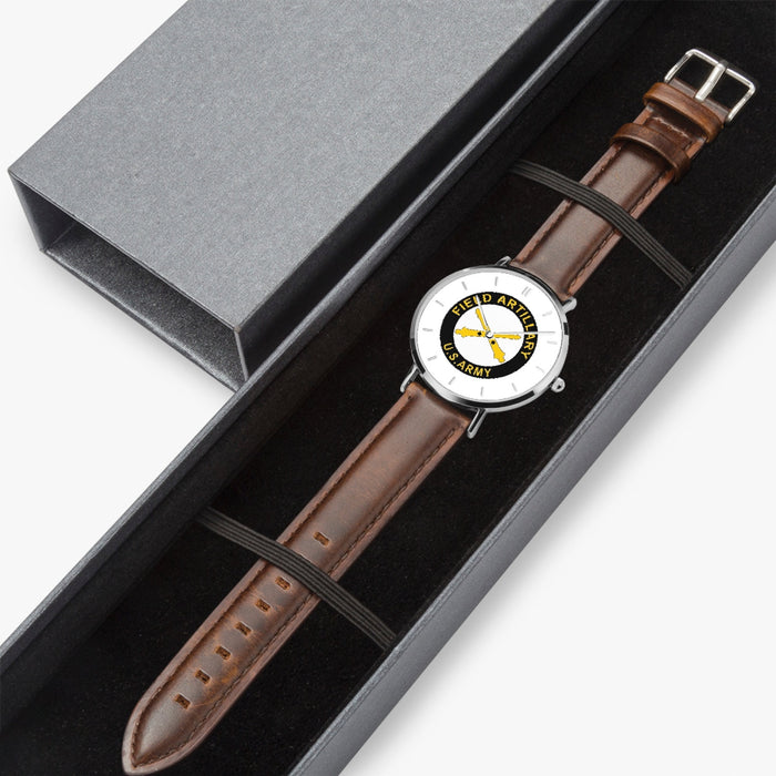Field Artillery-Ultra Thin Leather Strap Quartz Watch (Silver With Indicators)