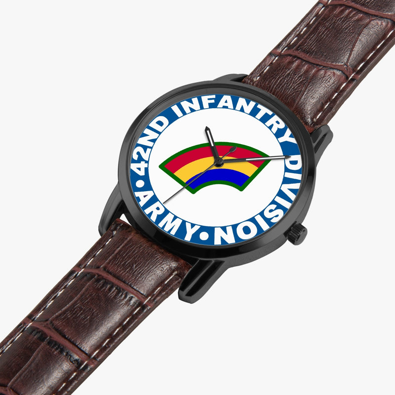 42nd Infantry Division-Wide Type Black Watch is displayed in a perspective view on a white background with the brown leather band