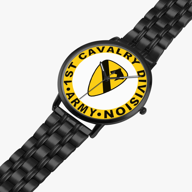1st Cavalry Division Watch is displayed in a perspective view on a white background with the black metal strap stretched out.