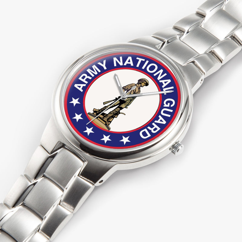 Top View - US Army National Guard-Silver Stainless Steel Silver Quartz Watch
