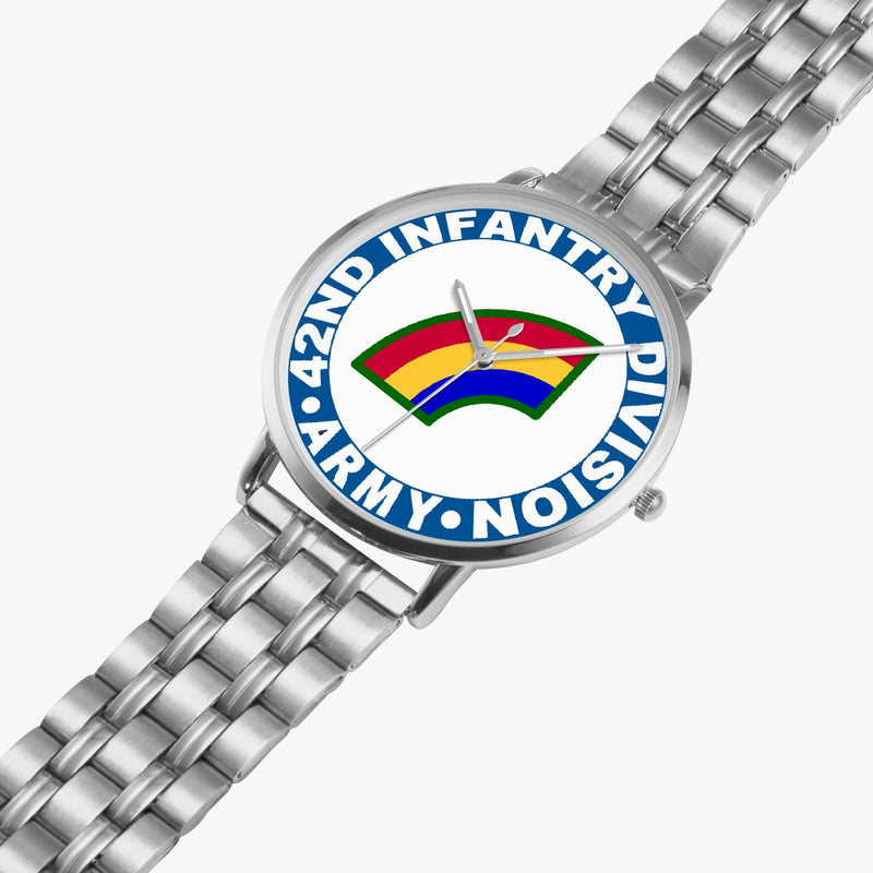 42nd Infantry Division Silvertone Watch is displayed in a perspective view on a white background with the silver metal strap stretched out.