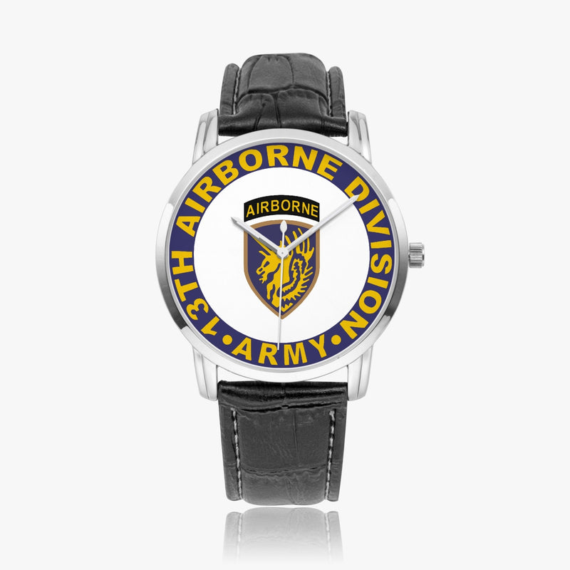 13th Airborne Division-Wide Type Silver Watch with a Black Leather Band
