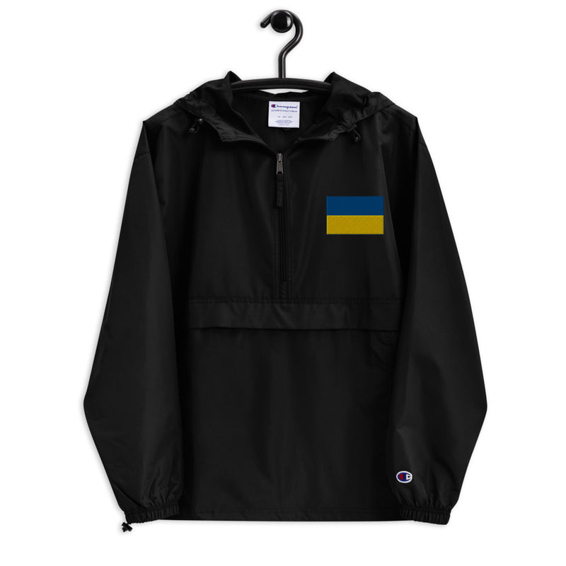 Ukrainian Flag Black Champion packable jacket with a detailed embroidered logo