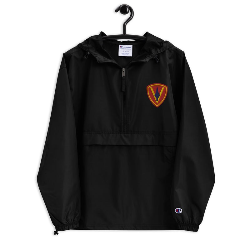 5th Marine Division Black Champion packable jacket with a detailed embroidered logo