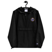 Navy Seabees Black Champion packable jacket with a detailed embroidered logo