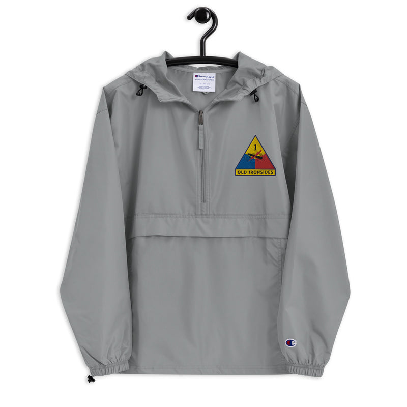 1st Armored Division Graphite Champion packable jacket with a detailed embroidered logo