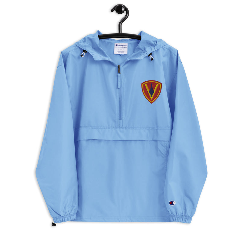 5th Marine Division Light Blue Champion packable jacket with a detailed embroidered logo