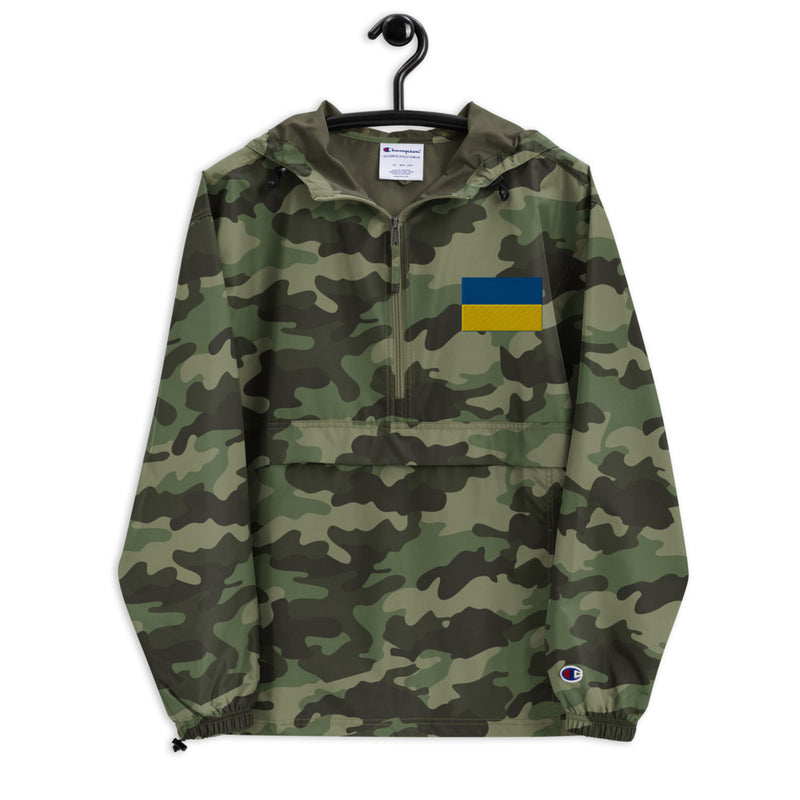 Ukrainian Flag Green Camouflage Champion packable jacket with a detailed embroidered logo