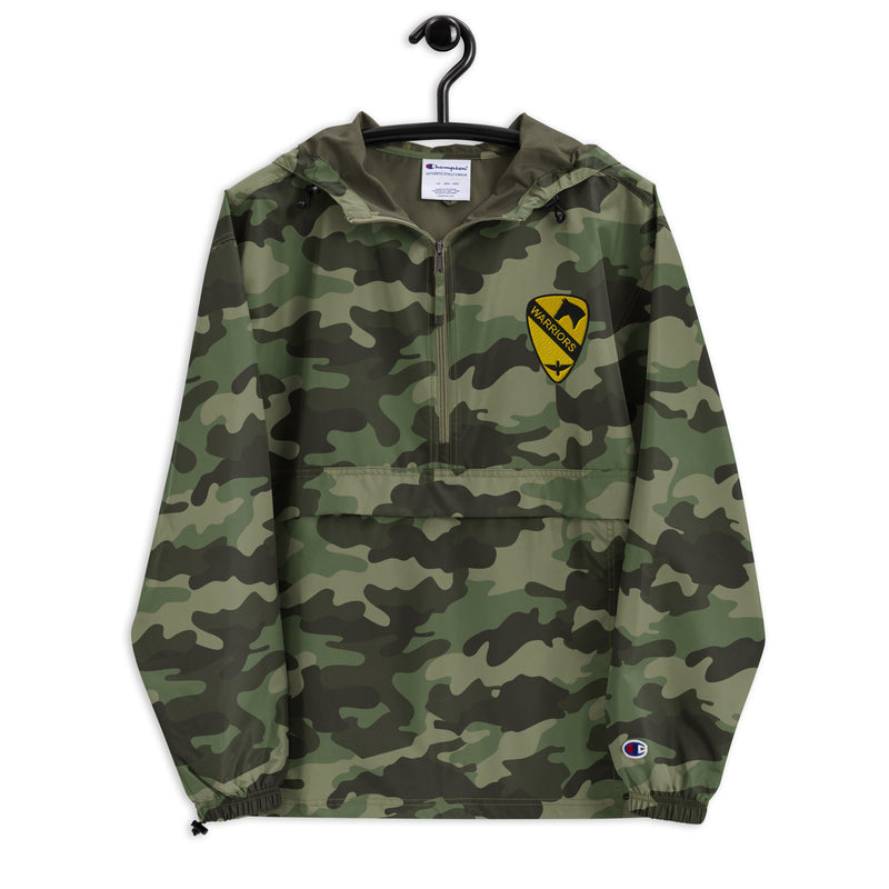 1st Air Cavalry Brigade Green Camouflage Champion packable jacket with a detailed embroidered logo