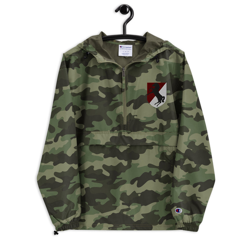 11th Armored Cavalry Regiment Green Camouflage Champion packable jacket with a detailed embroidered logo