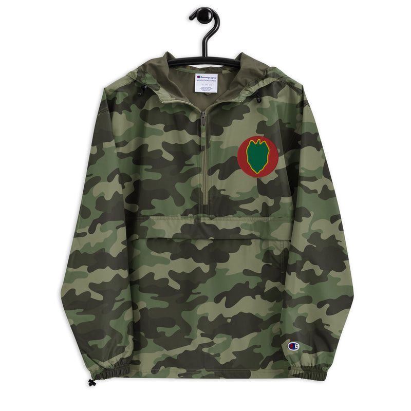 24th Infantry Division Green Camouflage Champion packable jacket with a detailed embroidered logo