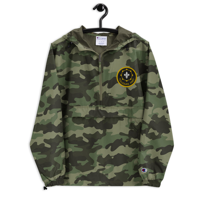 2nd Cavalry Regiment Green Camouflage Champion packable jacket with a detailed embroidered logo