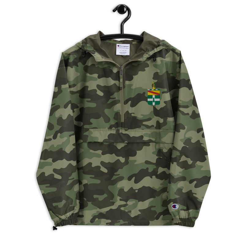 3rd Cavalry Regiment Green Camouflage Champion packable jacket with a detailed embroidered logo