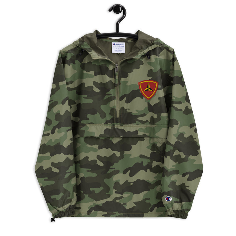 3rd Marine Division Green Camouflage Champion packable jacket with a detailed embroidered logo