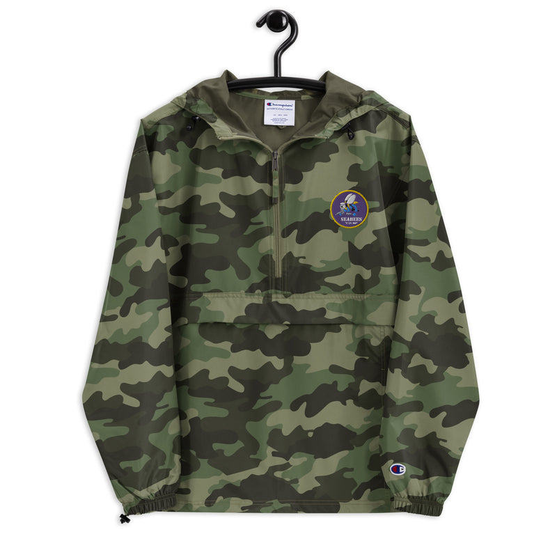 Navy Seabees Green Camouflage Champion packable jacket with a detailed embroidered logo